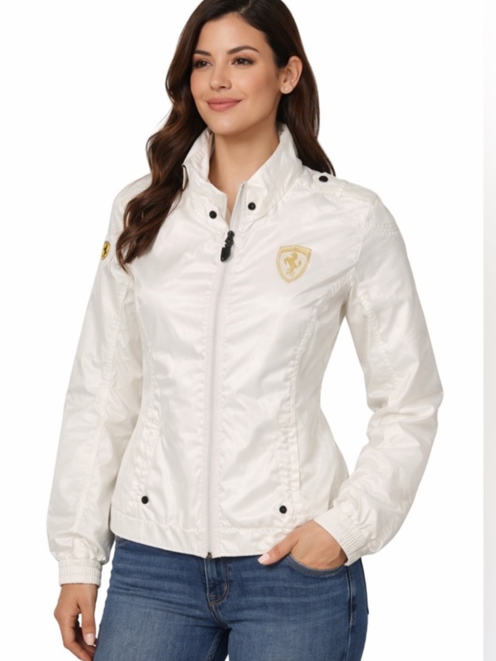Puma Ferrari White Women's Lightweight Bomber Jacket with Gold Emblem size S